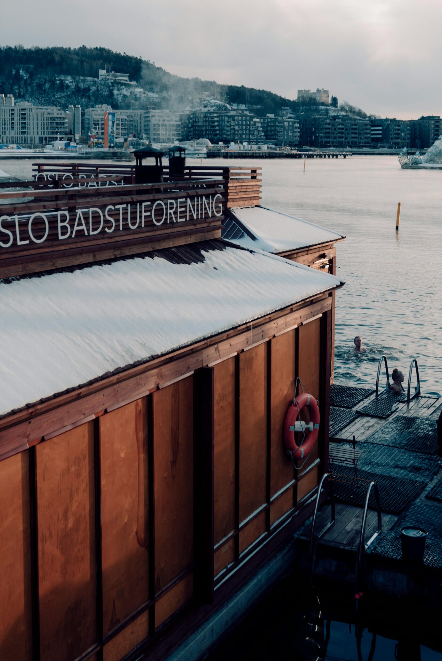 Traditional Norwegian sauna overlooking Oslofjord, photographed by Linda Gschwentner.