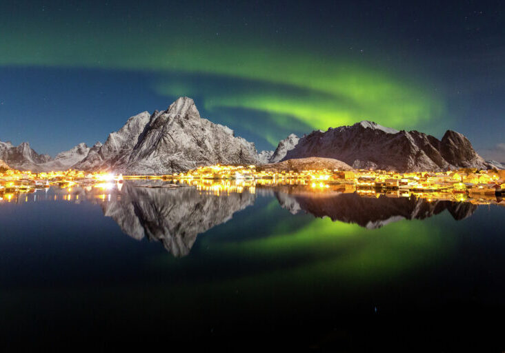 Norway Lofoten Islands Reine Northern Lights Panorama 1